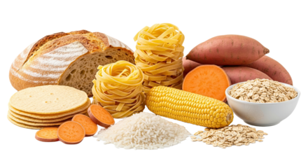 Diverse collection of carbohydrate-rich food items including bread, pasta, and grains, neatly arranged and isolated on a white background. Perfect for diet and nutrition.