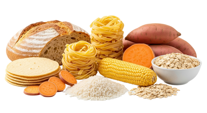 Diverse collection of carbohydrate-rich food items including bread, pasta, and grains, neatly arranged and isolated on a white background. Perfect for diet and nutrition.