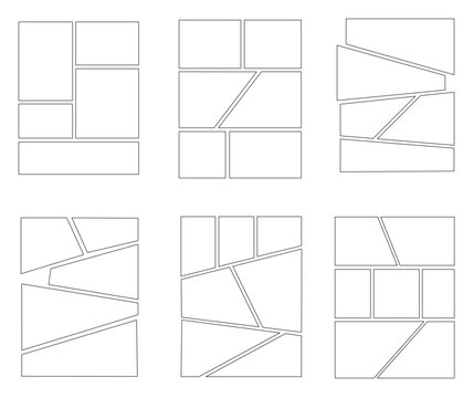 Set of templates for manga comic panels including 6 templates. Comic or Manga background frames and panels, designed for use by mangaka or comic artists. Backgrounds for comics or manga.	