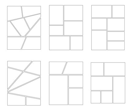 Set of templates for manga comic panels including 6 templates. Comic or Manga background frames and panels, designed for use by mangaka or comic artists. Backgrounds for comics or manga.	