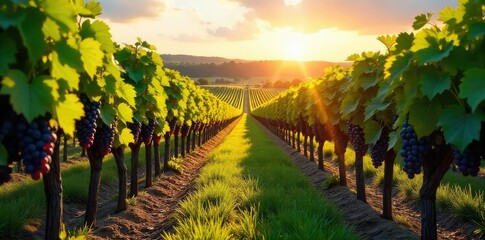 Naklejka premium Sun-drenched vineyard rows overflowing with ripe grapes, lush greenery framing a picturesque winery A scene of abundant harvest and idyllic countryside tranquility , winemaking, sunlight, vines