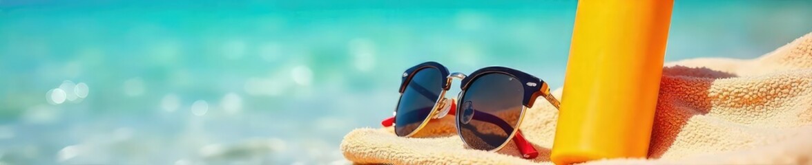 A pair of stylish sunglasses rests on a towel beside a bottle of sunscreen, ready for a sun-drenched day of relaxation and sunbathing Perfect for summer, travel, and vacation themes , calm, sea