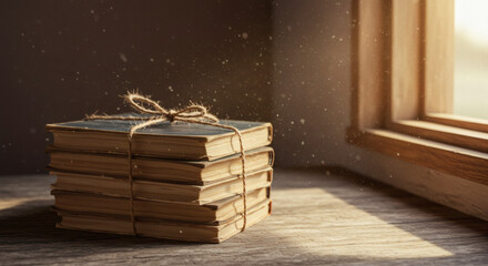Stacked vintage books tied with twine on wooden table by window  