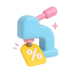 3D price tag being stamped with percentage sign for promotion or sale in cute cartoon style
