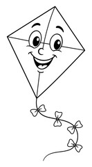 A happy kite with cartoon eyes, big smile and cute bows flying on a sunny day. This illustration brings the simple pleasure and freedom.
