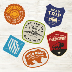 mountain adventure hipster logos. Set of Vintage Outdoor mountains Summer Camp badges or Patches. vector emblem designs. Great for shirts, stamps, stickers logos and labels.