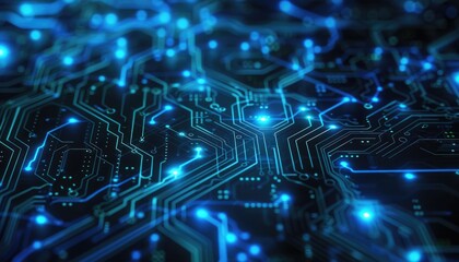Intricate circuit board design with glowing blue lines.
