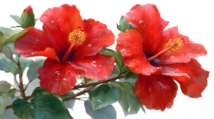 Watercolor Red Hibiscus Flowers with Water Droplets
