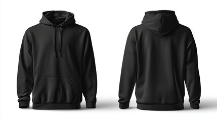 Black hoodie displayed front and back isolated on white background under studio lighting.