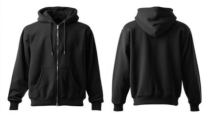 Black hoodie displayed front and back isolated on white background under studio lighting.