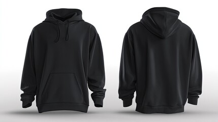 Black hoodie displayed front and back isolated on white background under studio lighting.