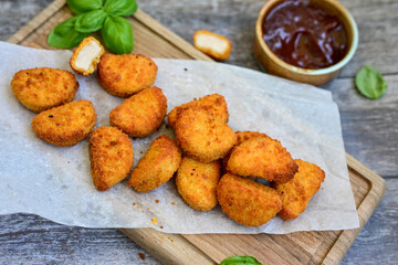 
 Crispy oven baked  chicken nuggets and  barbeque sauce . Breaded chicken fillets  with chilly peppers and fresh basi on wooden rustic background