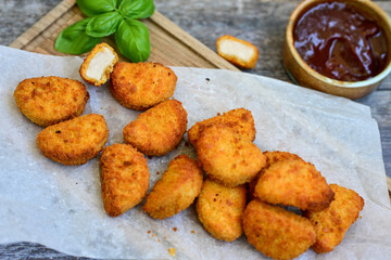 
 Crispy oven baked  chicken nuggets and  barbeque sauce . Breaded chicken fillets  with chilly peppers and fresh basi on wooden rustic background