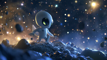 Adventurous cartoon alien exploring a distant asteroid