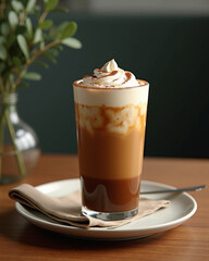 A luscious caramel and cream drink topped with whipped cream and cocoa, served elegantly on a plate with a spoon.