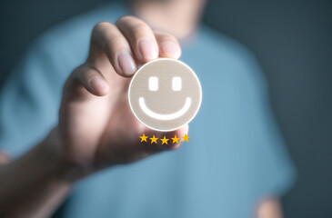 Businesspeople rate their satisfaction and praise the products and excellent service, customer care of employees. to express opinions and give 5 star