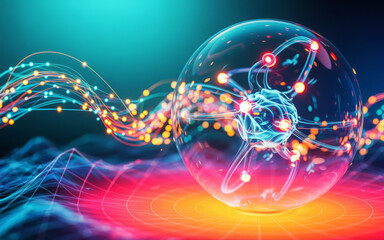 Vibrant digital illustration of a glowing transparent sphere with dynamic energy particles and colorful light waves over a neon surface in a futuristic setting.
