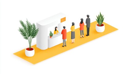 A modern reception area with people waiting in line, featuring a sleek counter and vibrant plants. This illustration symbolizes customer service and professional interaction.