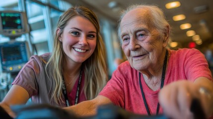 Cardiac rehabilitation concept. Female nurse assisting elderly patient in cardiac rehab program using stationary bike, medical monitoring devices in background
