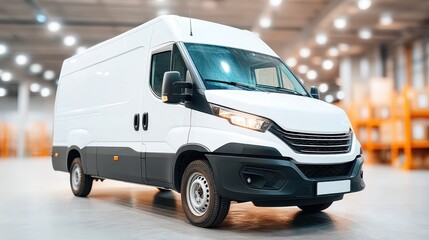 A modern white cargo van parked in a spacious warehouse, illuminated by bright overhead lights