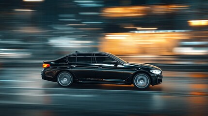 Dynamic side view of a black luxury sedan driving through city streets at night with sleek curves reflecting urban lights and blurred background, symbolizing speed, elegance, and modern lifestyle