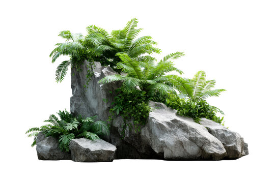 Rock formation with lush greenery on a transparent background