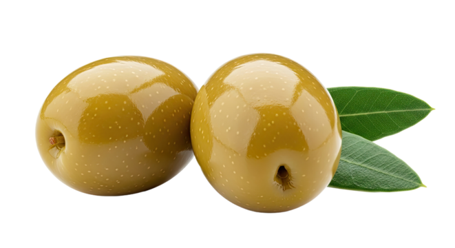 Close-up of two fresh green olives with small leaves, highlighting their natural texture and color, isolated on a white background. Ideal for Mediterranean concepts.