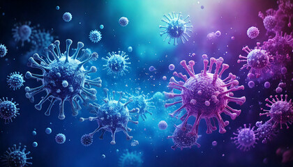 Fototapeta premium Floating virus and antibody shapes in blue and purple mist