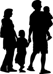 Flat black silhouette of four family members walking in a line — man, woman, child, and baby — on a clean white background, sidewalk as the only environment detail."

