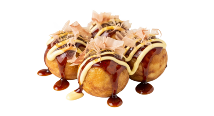 Appetizing serving of Japanese takoyaki (octopus balls) drizzled with sauce and topped with bonito flakes, isolated on a white background. Street food favorite.