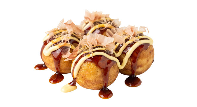 Appetizing serving of Japanese takoyaki (octopus balls) drizzled with sauce and topped with bonito flakes, isolated on a white background. Street food favorite.