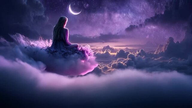 Woman gazes at starry sky while sitting on clouds during twilight with a crescent moon shining brightly above the horizon - Powered by Adobe