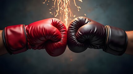 Two boxing gloves clashing in the center, with ample copyspace for adding text. Ideal for a fight night poster, showcasing the intense moment before a boxing match between opponents