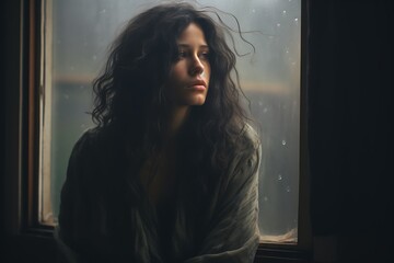 Pensive woman gazing out rainy window, lost in thought on a somber day.