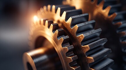 Close-up view of interlocking metal gears with golden sunlight reflections and precise mechanical detailing
