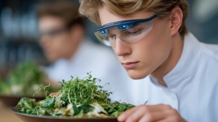 Futuristic cooking school scene with students engaging in culinary analysis and learning together.