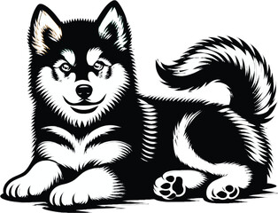 Smiling Husky Puppy Illustration in Black and White – Vintage Style Dog Artwork