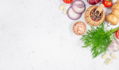 Fresh cooking ingredients on white kitchen table background. top view. copy space