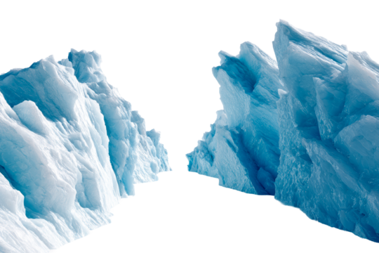 Sharp edged ice formations in vibrant blue on clear backdrop