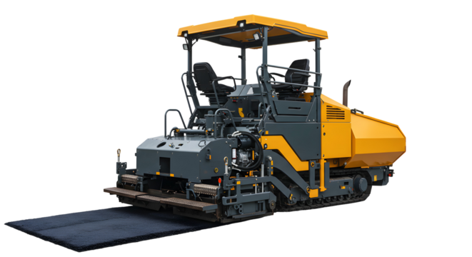 Yellow and Gray Asphalt Paver on Black Background