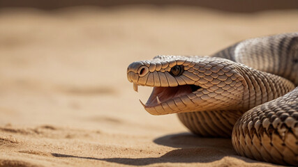 Fototapeta premium Fangs Unveiled: A Photorealistic Macro Close-up of a Snake's Threat Display on Dramatic Desert Sand