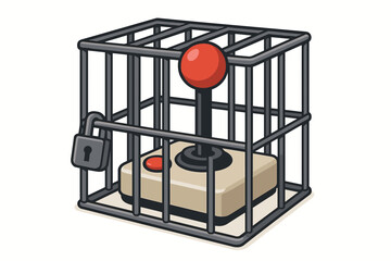 Gaming controller trapped in metal cage with padlock representing video game addiction, parental controls, digital detox and restricted gaming freedom concept