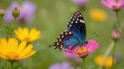 Obraz premium Vibrant butterfly perched on pink flower amidst colorful blooms, showcasing nature beauty and tranquility