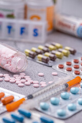 Variety of medicines and drugs.Medicine and healthcare concept.Variety of medicines and drugs.Medicine and healthcare concept.Pill for the prescription and treatment various diseases chemistry