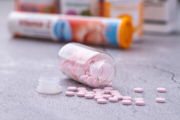 Variety of medicines and drugs.Medicine and healthcare concept.Variety of medicines and drugs.Medicine and healthcare concept.Pill for the prescription and treatment various diseases chemistry