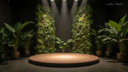 Serene indoor space featuring lush greenery, wooden stage, and soft lighting creates tranquil atmosphere for events or presentations