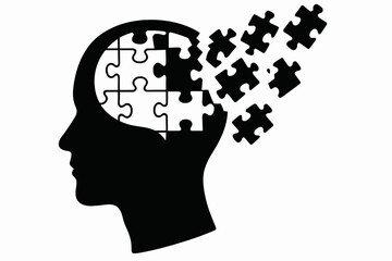 Abstract human head profile with puzzle piece brain and scattered fragments vector concept for mental health, psychology, memory and cognitive processes