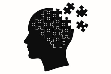 Human head silhouette with puzzle pieces floating away representing memory loss, mental health, psychology and cognitive thinking concept vector illustration