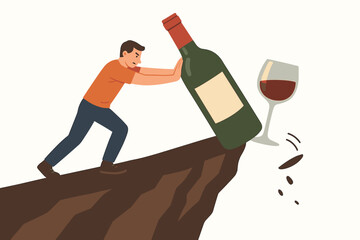 Man struggling to push wine bottle away from cliff edge symbolizing breaking free from alcohol addiction and recovery journey to sobriety