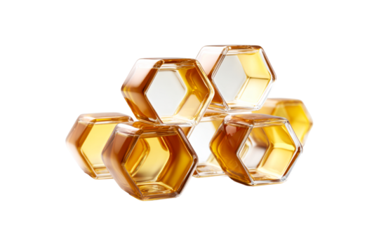Honey in hexagonal glass containers on transparent background